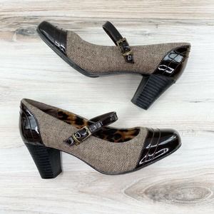 Clarks Bendables Sapphire Stel Brown Tweed Block Heel Mary Jane Pumps 7.5
